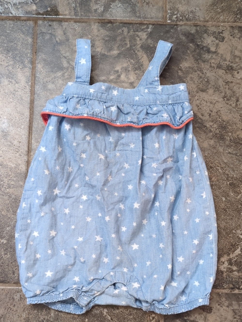 Light Blue Star-Print Baby Bubble Romper with Pink Trim